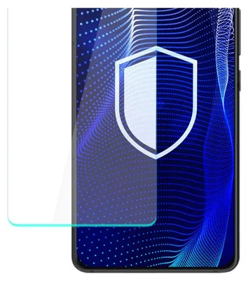 A screen protector is shown on a smartphone with a blue abstract background.