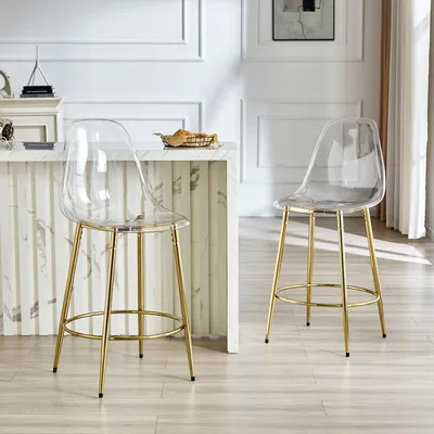 Produktbild von MODFU 2er-Set Barhocker mit schwebendem Design,Esszimmerstuhl Transparente mit 66 cm Sitzhöhe,Bürostuhl,Küchenstuhl mit goldenen Metallbeinen,Gummifüße und Fußablage