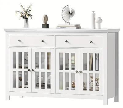 Image de Meuble de rangement - Buffet - Armoire - Meuble de vitrine - Armoire - Blanc - 140 x 90,7 x 40 cm - 2 tiroirs et 4 portes en verre