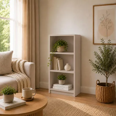 Immagine prodotto di SELO Libreria moderna 50 x 31 x 113 cm – Cachemire – 3 ripiani – Libreria aperta indipendente su piedini in pannello nobilitato da 16 mm, Immagine generata dall'IA
