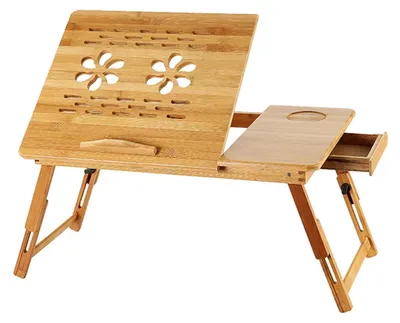 Produktbild von Höhenverstellbarer Laptop-Tisch - Klappbarer Betttisch - Mit Schublade - Für Frühstück & Lesen - Stahlgestell - Holzoptik