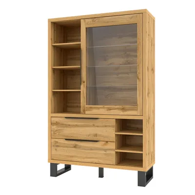 Produktbild von Masseno Vitrinenschrank HALENZA 190 x 120 cm Modern Wohnzimmer Vitrine mit Tür Eiche Wotan / Eiche Wotan