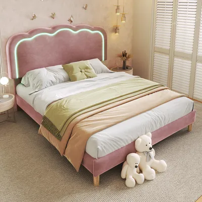 Immagine prodotto di Letto imbottito - 140 x 200 cm, rosa, in velluto, con illuminazione LED, rete a doghe inclusa, testiera regolabile in altezza
