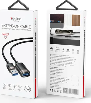 Obrázek produktu pro Prodlužovací kabel Yesido USB-A samec-samice, 1,5 m - černý