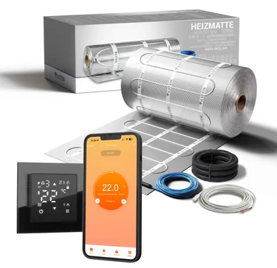 Produktbild von VILSTEIN Aluminium-Fußbodenheizung 150W/m² – Elektrische Heizmatte für Laminat, Parkett & Vinyl, selbstklebend, zuschneidbar, WiFi Touchscreen-Thermostat, Komplettset 15m²