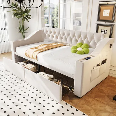 Image de Flieks Canapé-lit Canapé-lit 90x190cm avec 2 tiroirs, lit rembourré lit de jour Daybed avec fonction de chargement, lit de jeunes lit d'hôtes, velours, beige