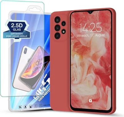 A red phone case and a screen protector are displayed together against a white background.