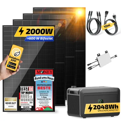 Produktbild von Balkonkraftwerk mit Speicher, 2000W/800W Solaranlage Steckerfertig WIFI Komplettset Photovoltaik Anlage 800W, Kabellänge: 10m, Solakon