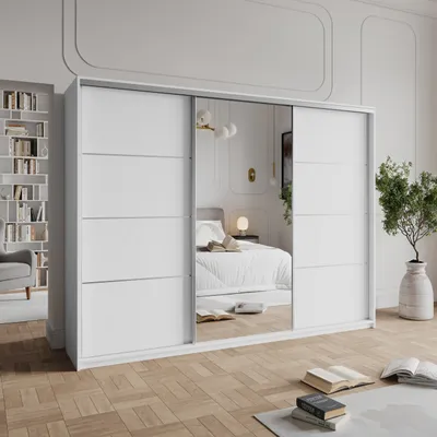 Zdjęcie produktu dla Szafa z drzwiami przesuwnymi Masseno VARO 270/205/60 cm – szafa na ubrania z szufladami, szafa do sypialni z trzema drzwiami i lustrem, kolor biały + satynowy