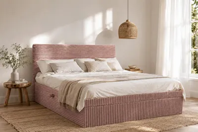 Image de Boxspringbett mit bettkasten und topper TRENTO, ohne Bein Stoff Plüsch Cord 140x200 cm Rosa