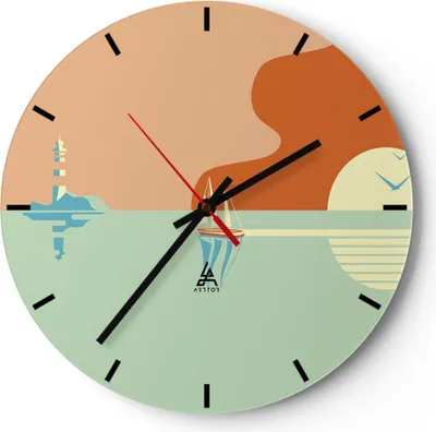 Produktbild von Wanduhr - Rund - Glasuhr - Sonne Segelschiff Laterne - 40x40cm - Schleichendes Uhrwerk - Lautlos - zum Aufhängen bereit - Dekoration Modern - Wanddekoration aus Glas - C3AR40x40-4888