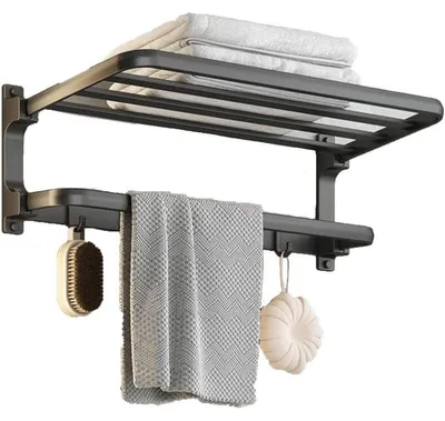 Image de Porte-serviettes sans perçage, couleur noire, pour salle de bain, fixation murale, avec 5 crochets, 58 cm
