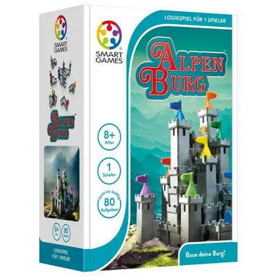 The image shows the packaging of the SMART GAMES® Alpenburg Geschicklichkeitsspiel, featuring a colorful illustration of a castle.