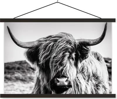 Produktbild von MuchoWow® Textilposter Kuh - Schottisches Hochlandrind - Schwarz - Weiß - Tier - Natur - Wildtiere 120x80 cm mit schwarzem Rahmen - Wanddeko