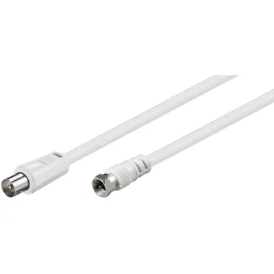 A white coaxial cable with two different connectors on each end, shown against a white background.