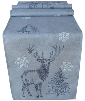 Imagen del producto de Mantel individual de 40x140 cm, color gris, con motivos bordados de ciervo y árbol de Navidad