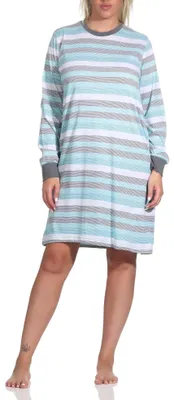 Zdjęcie produktu dla Damska koszula nocna z długim rękawem i mankietami w paski - również w rozmiarach plus size; turkusowy.40