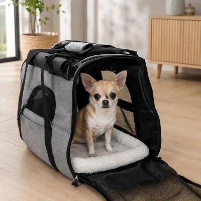 Produktbild von belviona Haustier-Tragetasche, Transporttasche für Katzen & kleine Hunde bis 10 kg, faltbar, mit Schultergurt & Liegekissen, grau, KI-generiertes Bild