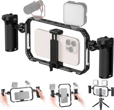 Produktbild von Tragbares Telefon-Video-Rig-Kit, Smartphone-Stabilisator fuer Videoaufnahmen, universeller Telefonkaefig mit seitlichen Griffen, Cold Shoe-Halterungen, Fernausloeser-Ersatz fuer iPhone 16/15/14/13, Android-Telefone