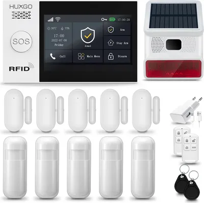 Produktbild von HUXGO HXA007 Alarmanlage Haus WiFi + GSM 4G LTE mit Funk Sirene, Alarm System mit 5x Bewegungssensor und 5x Tür-Fenstersensor, Alarmanlage für Wohnung, Haus, Garage, Tuya Smartlife App