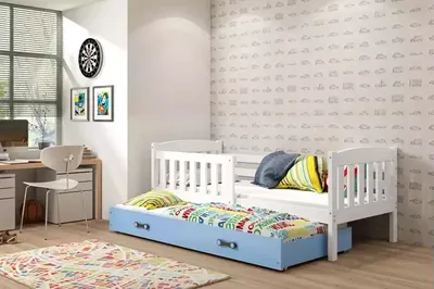 Produktbild von Kinderbett mit Zustellbett ohne Matratzen 80x190 BRIGID – Weiß / Blau