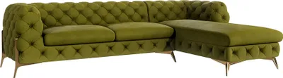 Produktbild von S-STYLE MÖBEL - Chesterfield Ecksofa mit Ottomane rechts Nova mit Goldene Metall Füßen aus Olive Samtstoff, B/T/H: 305 cm/ 200 cm/ 75 cm