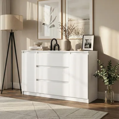 Produktbild von BEAUTYSOFA | Kommode LEMON 140 cm Weiß, Sideboard mit 3 Schubladen und 2 Türen, Modernes Aufbewahrungsmöbel für Schlafzimmer, Wohnzimmer und Flur