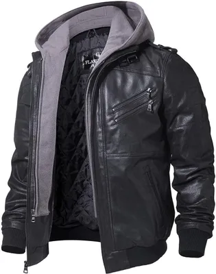 Productafbeelding van Leren herenjas met afneembare capuchon in zwart en grijs, maat 3XL