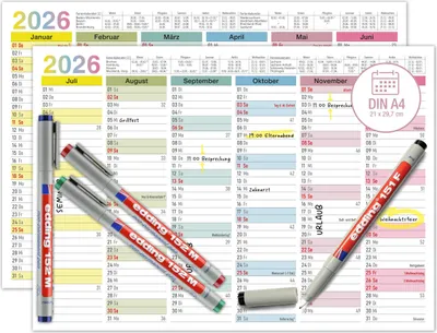 Produktbild von Abwischbarer Wandkalender 2026 A4 - "Bunt" Jahresplaner 2026 abwischbar, inkl. 4 Stifte Tafelkalender 2026, Robuster Kalender A4
