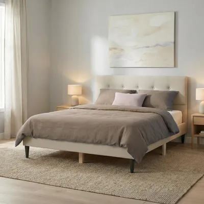 Obrázok produktu pre Homestyle4u Čalúnená posteľ 140x200 s roštom, béžová, dvojposteľ, rám s čelom, moderný