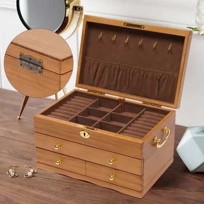 Produktbild von 3-Schichten Holz Schmuckkästchen mit Haken+Schloss Schmuckschatulle Aufbewahrungsbox Uhren Halsketten Ohrringe Brustringe Schmuckkoffer