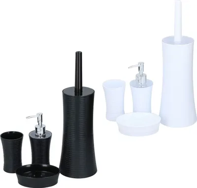 Produktbild von Badezimmer Set 4tlg. schwarz oder weiß Becher, Schale, Seifenspender WC-Bürste, Farbe:schwarz
