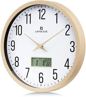Zdjęcie produktu dla Lafocuse cichy zegar ścienny z kalendarzem cyfrowym LCD, zegar ścienny Vintage z datą, dniem tygodnia i termometrem, beżowy analogowy zegar kwarcowy do salonu, sypialni, biura, kuchni 30 cm