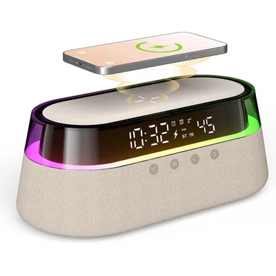 Produktbild von Bluetooth Lautsprecher, 6-in-1 Kabellose Ladestation, Uhr, Lampe, Radio, 1800mAh Schnellladegerät, für iPhone, Samsung und Android-Smartphones