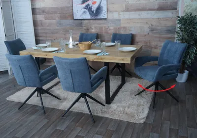 Image de lot de 6 chaises de salle à manger HWC-O78, chaise de cuisine, pivotante Auto-Return, tissu/textile chenille (310g/m²) Oeko-Tex ~ gris-bleu