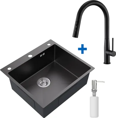 Produktbild von 54 x 49 cm Edelstahl Küchenspüle + Hochdruck Ausziehbare Küchenarmatur, Spülbecken mit 500ml Seifenspender für ab 60 cm Küchenschrank, Schwarz