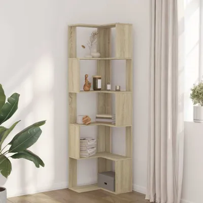 A corner bookshelf with decorative items on a white wall next to a window with curtains.