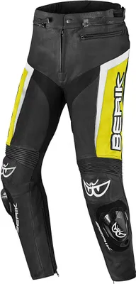 Obrázok produktu pre Kožené nohavice na motorku Berik Misle, čierna/biela/žltá, 50