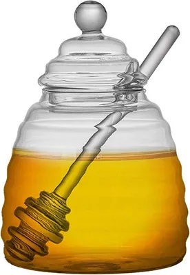 Produktbild von 500 ml transparentes Glashoniggläschen mit Honigabnehmer und Honiglöffel, transparentes Glas mit Deckel, Honiggläschen für das Servieren von Honig und Sirup