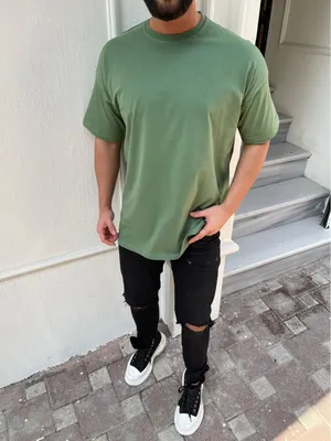 Produktbild von Oversize Herren Kurzarm T-Shirt Weiter Auschnitt Extra Lang Rundhals Herrenshirt M Grün
