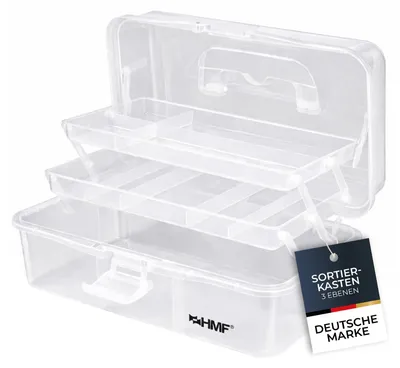 HMF Nähkasten aufklappbar mit 3 Ebenen, Sortierbox für Kleinteile in Transparent