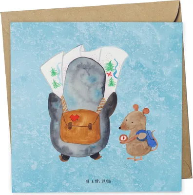 Produktbild von Mr. & Mrs. Panda Klappkarte Pinguin & Maus Wanderer - Eisblau - Geschenk, Abenteuer, faltkarte, anlasskarte, Grußkarte, Glückwunschkarte, doppelkarte, Wandern