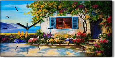 Produktbild von Wandbild Leinwand Bilder mit Uhr 60x30 Ölgemälde Blumen Bäume Meer Himmel - schwarze Hände