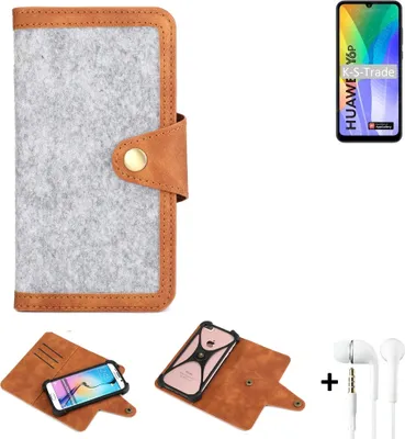 Produktbild von K-S-Trade Handyhülle + Kopfhörer kompatibel mit Huawei Y6p Schutzhülle Filz Hülle Kunstleder hellgrau braun (1x)