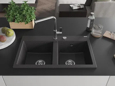 Image de Mexen Hektor évier en granit à 2 niveaux 800 x 480 mm, noir moucheté, siphon chrome - 6521802000-76