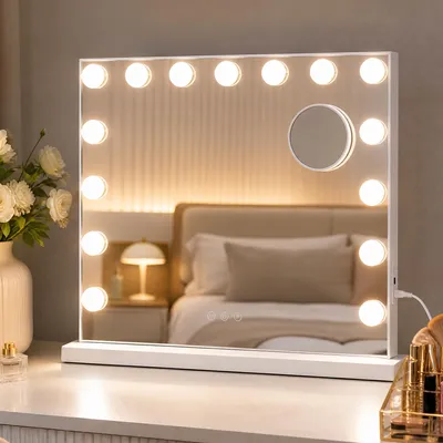 Produktbild von SONGMICS Schminkspiegel mit Beleuchtung, Dimmbar, 15 LEDs, 3 Lichtfarben, 10x Vergrößerung, 48 x 58 x 5,7 cm, Weiß