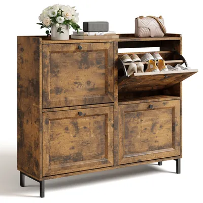 Image de Bealife Armoire à chaussures à 4 volets - Étroite (24 cm), 99x91 cm, capacité 16 paires | Marron, pour hall/entrée