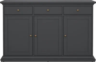 A dark gray sideboard with three doors and three drawers, set against a white background.