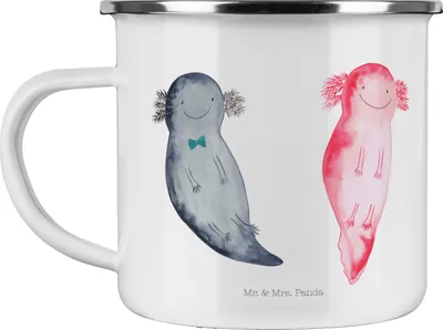 Produktbild von Mr. & Mrs. Panda Emaille Becher Axolotl Freundin - Weiß - Geschenk, Valentinstag, Tasse, Outdoor, Lurch, Liebe, Haferl, Teetasse, Schwanzlurch, Pott, Blechtasse