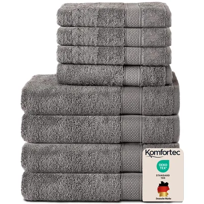 Produktbild von Komfortec 8er Handtuch Set aus 100% Baumwolle, 4 Badetücher 70x140 und 4 Handtücher 50x100 cm, Frottee, Weich, Towel Groß Anthrazit Grau